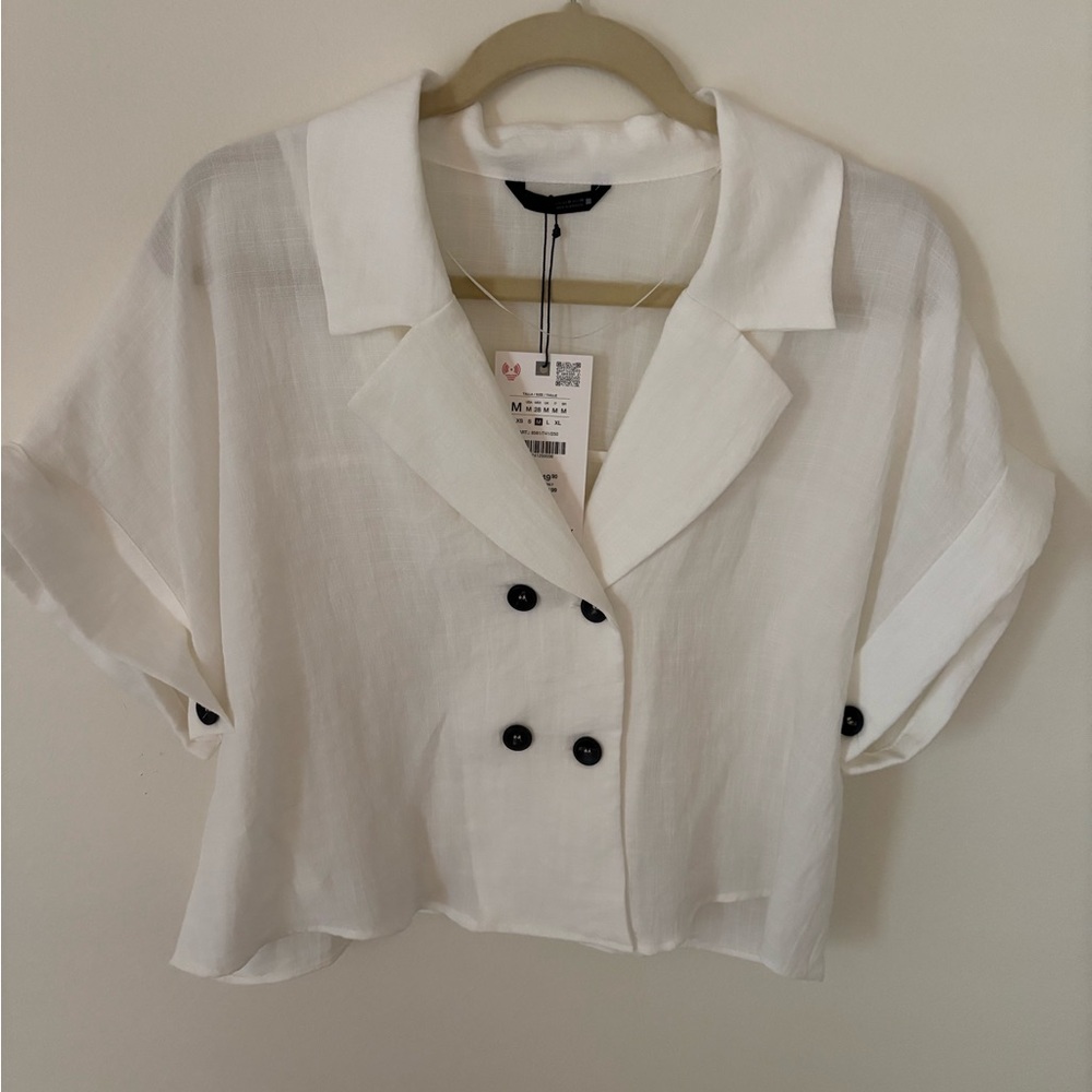 Zara White Cropped Double-Breasted Short-Sleeve Shirt